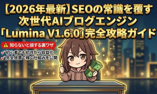 出力: SEOの常識を覆す次世代AIブログエンジン「Lumina V1.6.0」のロゴと機能解説のイメージ画像