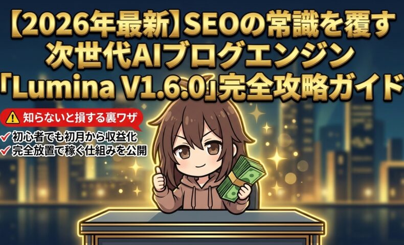 出力: SEOの常識を覆す次世代AIブログエンジン「Lumina V1.6.0」のロゴと機能解説のイメージ画像