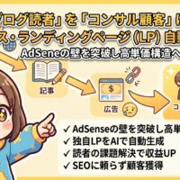 出力: AIを活用してブログ読者をコンサルティング顧客へ導く、LP自動生成術の解説イメージ