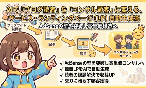 出力: AIを活用してブログ読者をコンサルティング顧客へ導く、LP自動生成術の解説イメージ