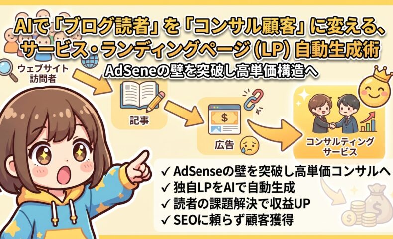 出力: AIを活用してブログ読者をコンサルティング顧客へ導く、LP自動生成術の解説イメージ