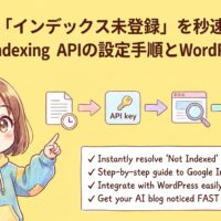 出力: Google Indexing APIの設定手順とWordPress連携によるインデックス未登録の解決方法を図解したアイキャッチ画像