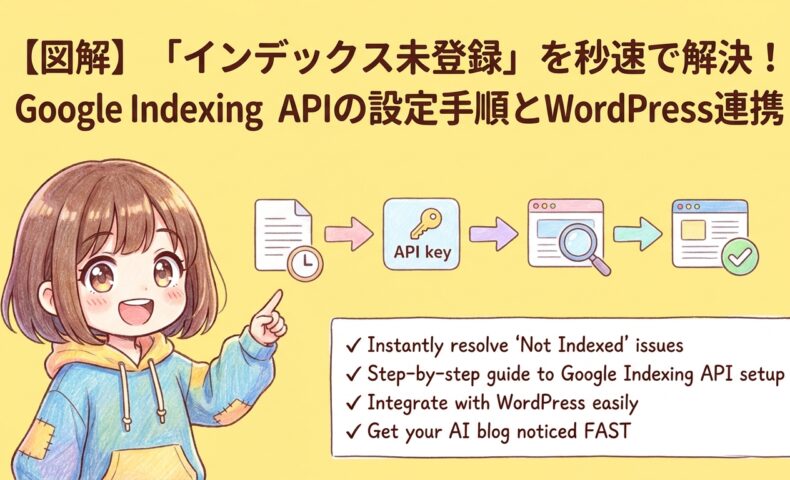 出力: Google Indexing APIの設定手順とWordPress連携によるインデックス未登録の解決方法を図解したアイキャッチ画像