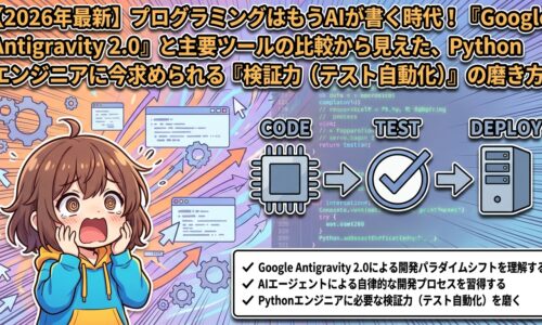 出力: Google Antigravity 2.0と主要AIツールを比較し、Pythonエンジニアに必要な検証力とテスト自動化を解説する記事のアイキャッチ画像