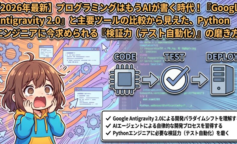 出力: Google Antigravity 2.0と主要AIツールを比較し、Pythonエンジニアに必要な検証力とテスト自動化を解説する記事のアイキャッチ画像