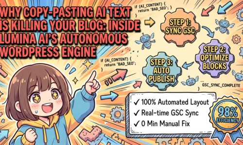出力: GSC連携とGutenberg最適化機能を備えた次世代ブログ構築ツール「Lumina AI」のロゴとUI画面のイメージ。