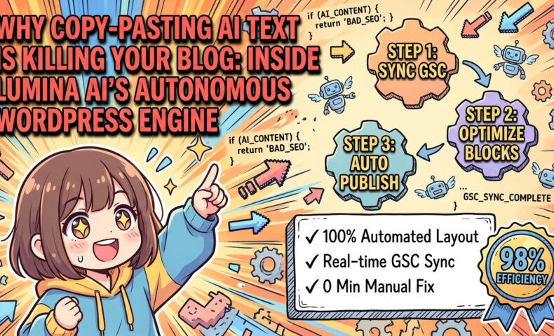出力: GSC連携とGutenberg最適化機能を備えた次世代ブログ構築ツール「Lumina AI」のロゴとUI画面のイメージ。