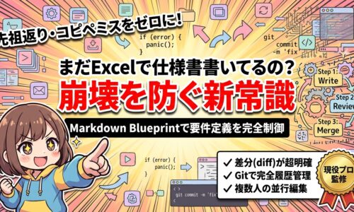 出力: Markdown Blueprintを使用して要件定義を効率的かつ精密に制御する様子を示す図解。