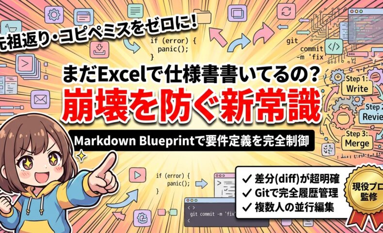 出力: Markdown Blueprintを使用して要件定義を効率的かつ精密に制御する様子を示す図解。