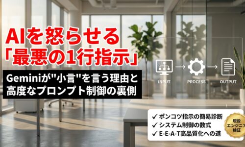 出力: AIの制御不能な振る舞いを表すメタファーと、高度なプロンプトエンジニアリングの複雑さをイメージした抽象的なデジタルアート。