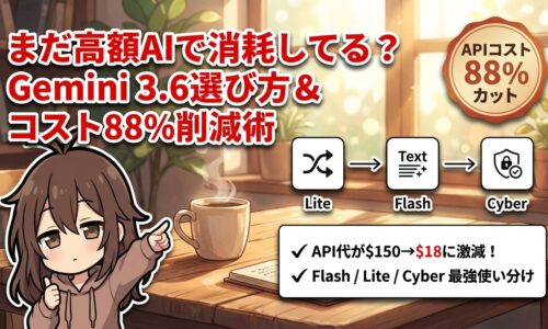 出力: Gemini 3.6 Flash、3.5 Lite、Cyberの性能比較と用途別選び方、APIコスト削減術を解説する記事のアイキャッチ画像