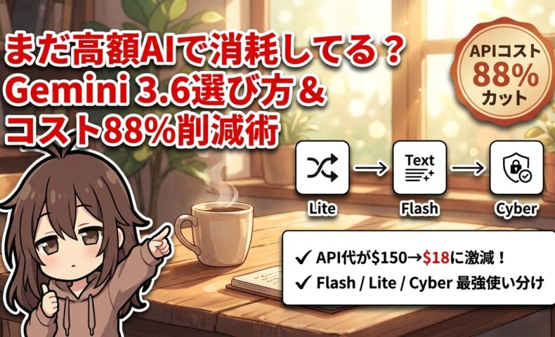 出力: Gemini 3.6 Flash、3.5 Lite、Cyberの性能比較と用途別選び方、APIコスト削減術を解説する記事のアイキャッチ画像