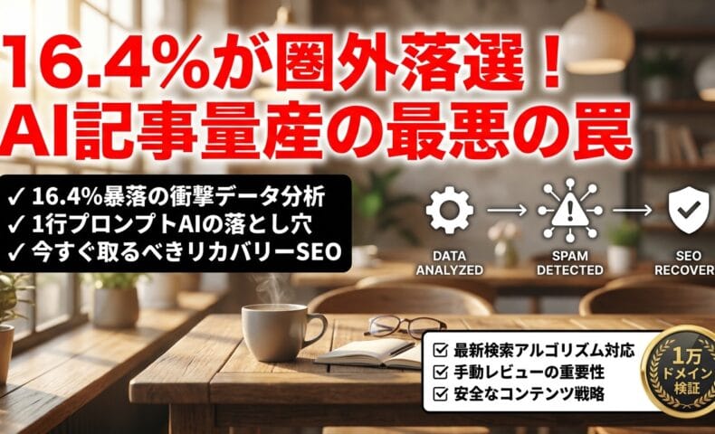 出力: 2026年8月Googleスパムアップデートによる順位変動のグラフとSEO対策を解説する記事のアイキャッチ画像