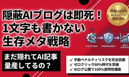 出力: 手動ペナルティを回避し「1文字も書かない」メタ戦略を語るAIブロガーのイメージ画像