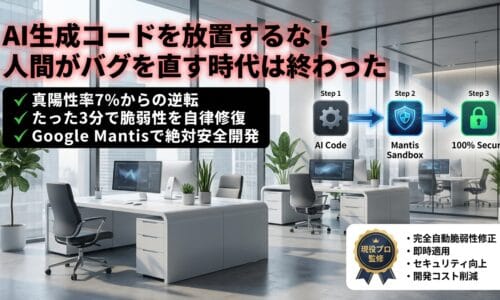出力: Googleの自律型開発AI「Mantis」を用いた、AntigravityとPythonによるハッキング耐性を持つ安全なプログラミング手法のイメージ画像。
