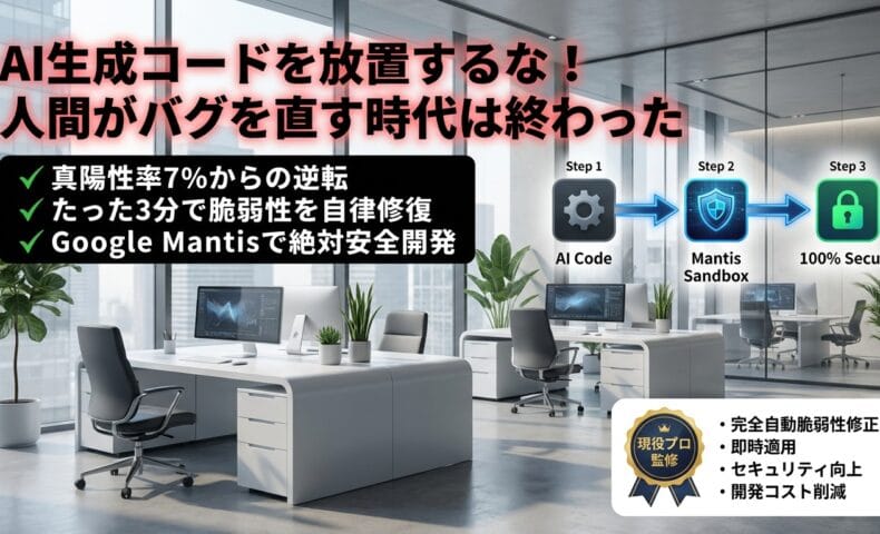 出力: Googleの自律型開発AI「Mantis」を用いた、AntigravityとPythonによるハッキング耐性を持つ安全なプログラミング手法のイメージ画像。