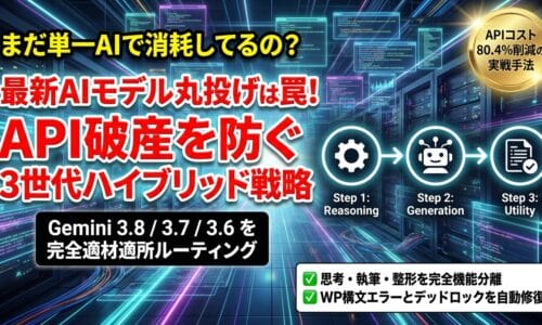 出力: 非エンジニアがGoogle AntigravityとGemini 3.8/3.7で開発したAIブログ生成ツール「Lumina AI v1.9.0」のハイブリッド・ルーティング構成図