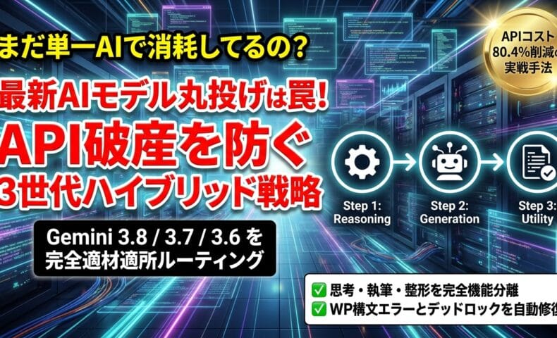 出力: 非エンジニアがGoogle AntigravityとGemini 3.8/3.7で開発したAIブログ生成ツール「Lumina AI v1.9.0」のハイブリッド・ルーティング構成図
