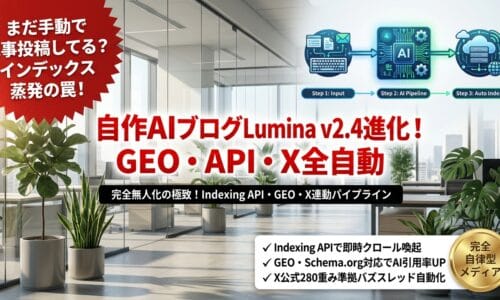 出力: 自作AIブログエンジン「Lumina」のv1.9からv2.4.1への進化と、SEO・自動投稿機能を紹介するアイキャッチ画像