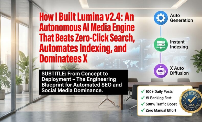 出力: 自作AIブログエンジン「Lumina」のv2.4.1への進化を示す、SEO機能や自動化技術を象徴したアイキャッチ画像
