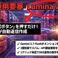 出力: AIがSNSのメンションを自動解析し、承認ボタン一つで返信作成まで完結させる「3層防御ガード」搭載のSNS運用システムの概念図