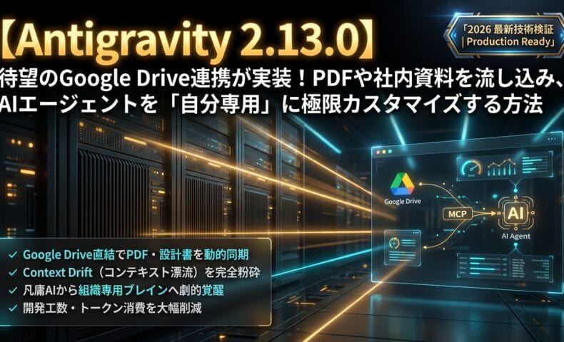 出力: Antigravity 2.13.0のGoogle Drive連携機能でAIエージェントを自分専用にカスタマイズする様子を示すイメージ画像