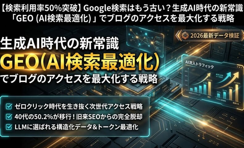 出力: Google検索に代わる生成AI時代に向けた、ブログのアクセスを最大化するGEO(AI検索最適化)戦略の解説図。