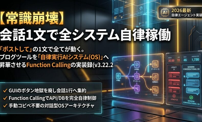 出力: Function Callingを活用し、ブログツールを自律実行AIシステムへ進化させる実装過程をイメージした図解。