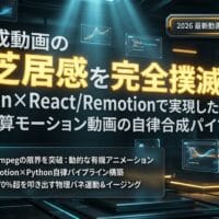 出力: PythonとRemotionで物理演算を適用し、AI生成動画の「紙芝居感」を解消して滑らかに動く動画を自律合成する技術のイメージ図