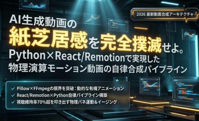 出力: PythonとRemotionで物理演算を適用し、AI生成動画の「紙芝居感」を解消して滑らかに動く動画を自律合成する技術のイメージ図
