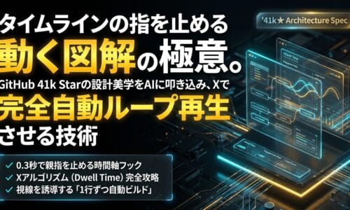 出力: GitHubで41kスターを獲得した動く図解の設計美学を反映し、Xで自動ループ再生させる技術を解説するアイキャッチ画像。