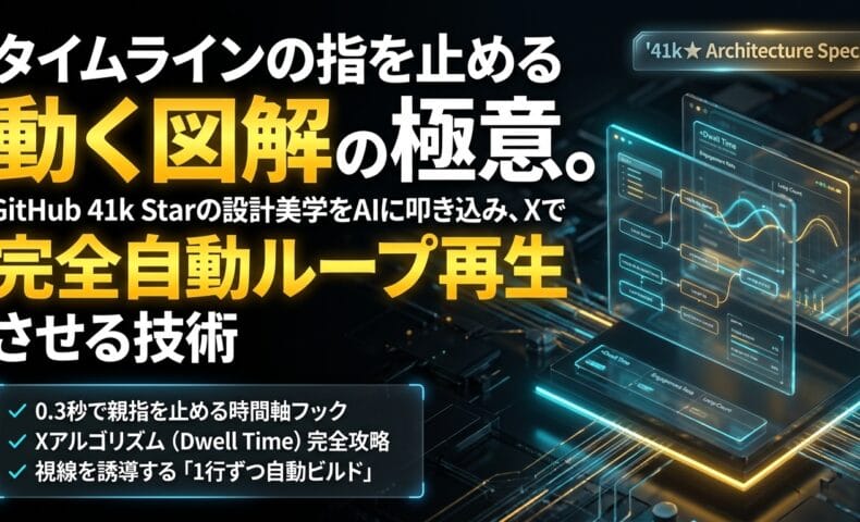 出力: GitHubで41kスターを獲得した動く図解の設計美学を反映し、Xで自動ループ再生させる技術を解説するアイキャッチ画像。