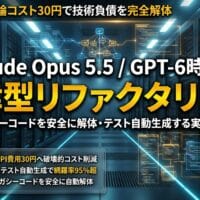 出力: Claude Opus 5.5やGPT-6を活用してレガシーコードを自動リファクタリングし、テストを生成する様子をイメージしたアイキャッチ画像