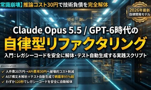 出力: Claude Opus 5.5やGPT-6を活用してレガシーコードを自動リファクタリングし、テストを生成する様子をイメージしたアイキャッチ画像