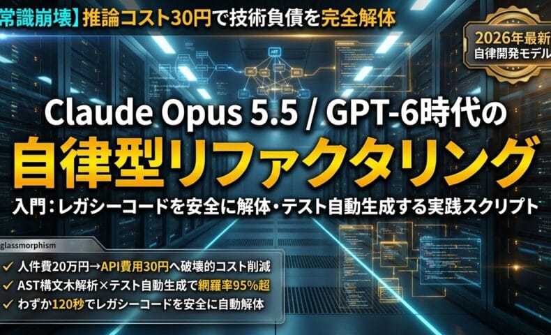 出力: Claude Opus 5.5やGPT-6を活用してレガシーコードを自動リファクタリングし、テストを生成する様子をイメージしたアイキャッチ画像