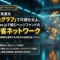 出力: Neo4jとThree.jsで可視化された、AIのトレード失敗の原因を分析する3D因果グラフのイメージ図