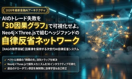 出力: Neo4jとThree.jsで可視化された、AIのトレード失敗の原因を分析する3D因果グラフのイメージ図