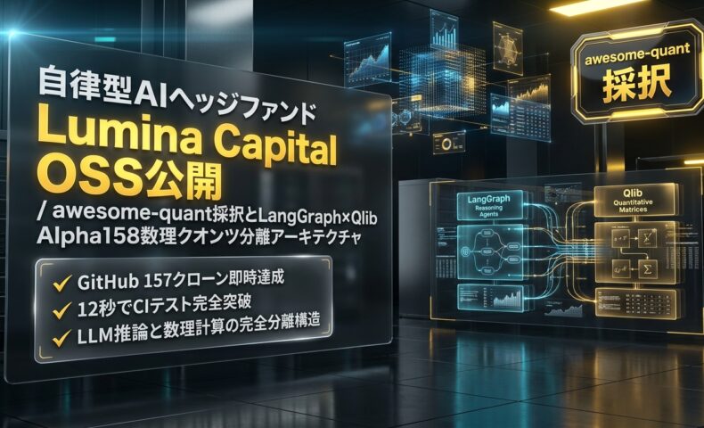 出力: 自律型AIヘッジファンド「Lumina Capital」のOSS公開、LangGraphとQlibを活用した数理クオンツ分離アーキテクチャの解説図。
